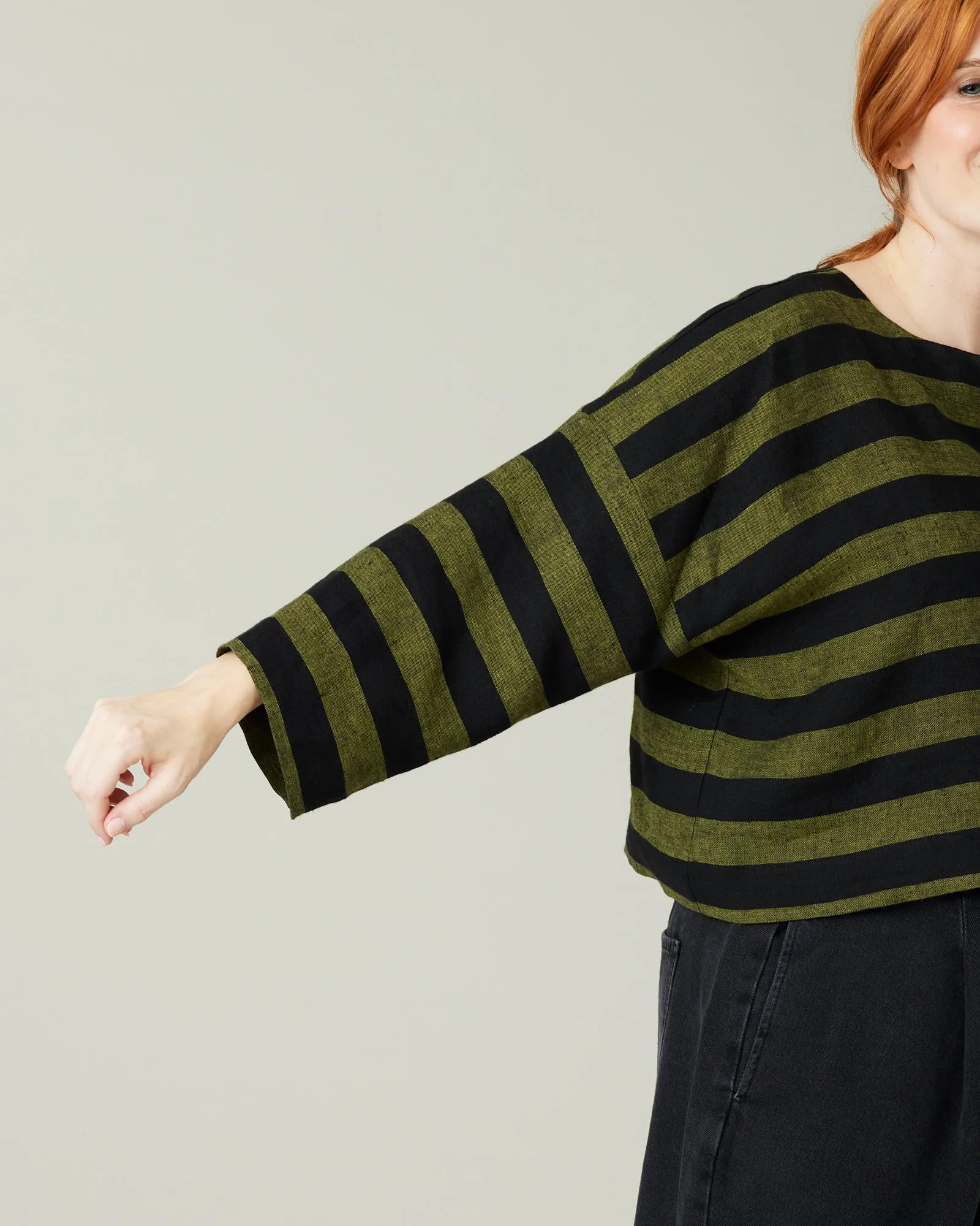 Lily Black & Olive Stripe Linen Top