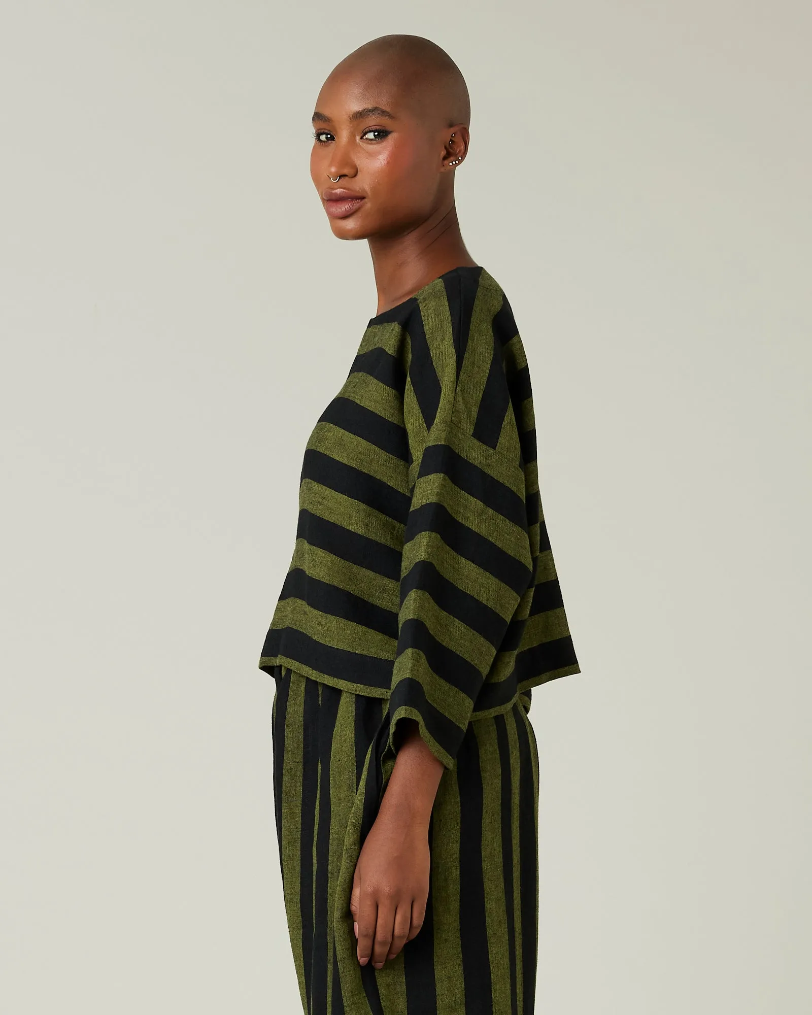 Lily Black & Olive Stripe Linen Top