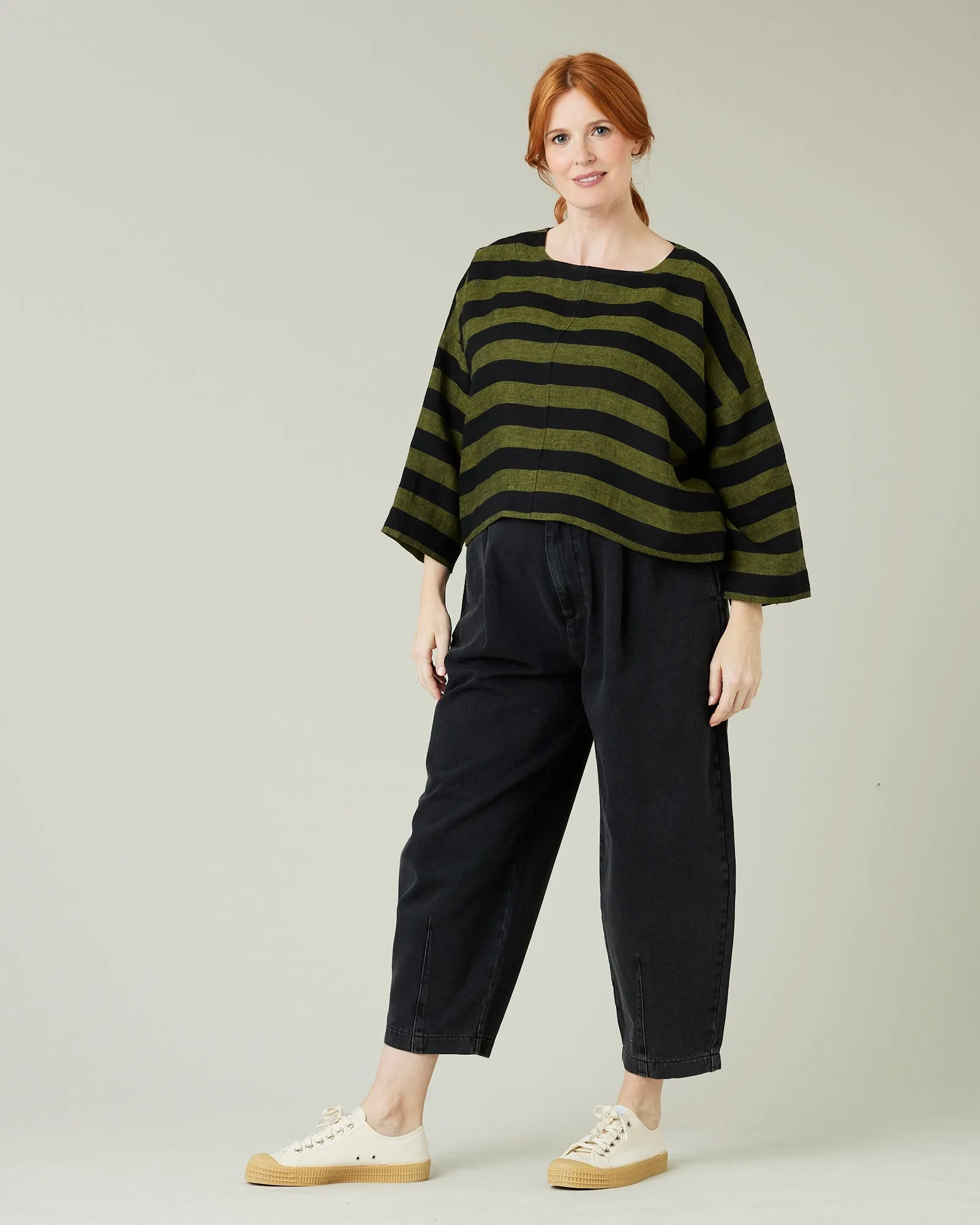 Lily Black & Olive Stripe Linen Top
