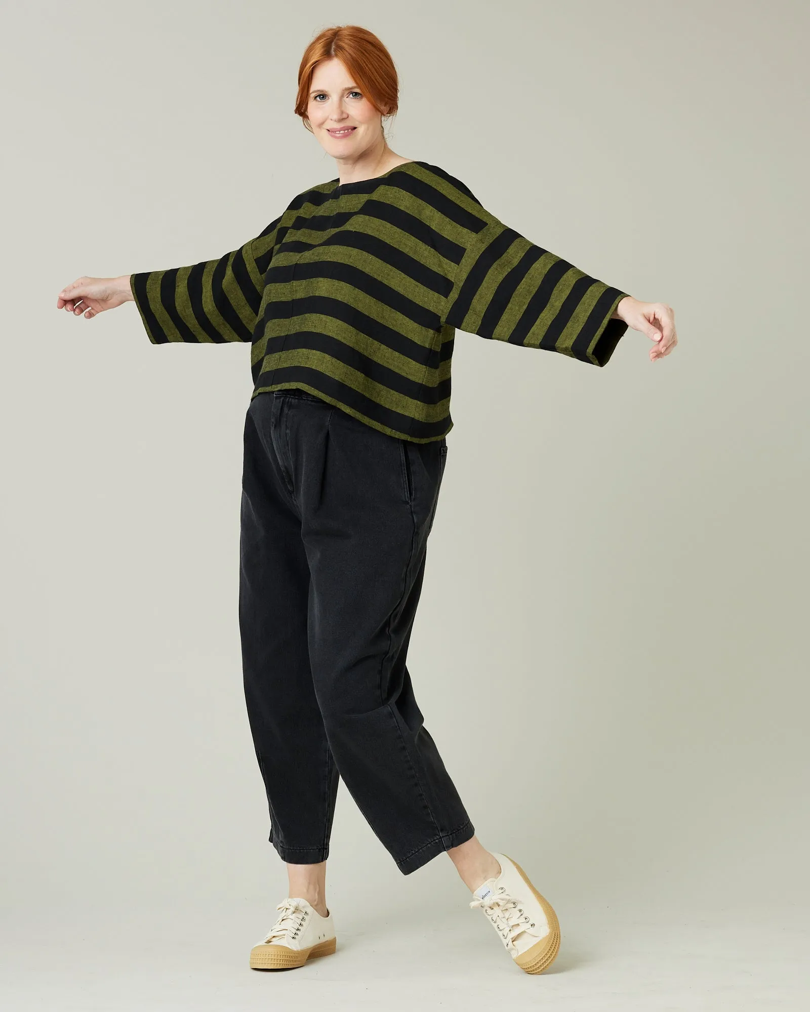 Lily Black & Olive Stripe Linen Top