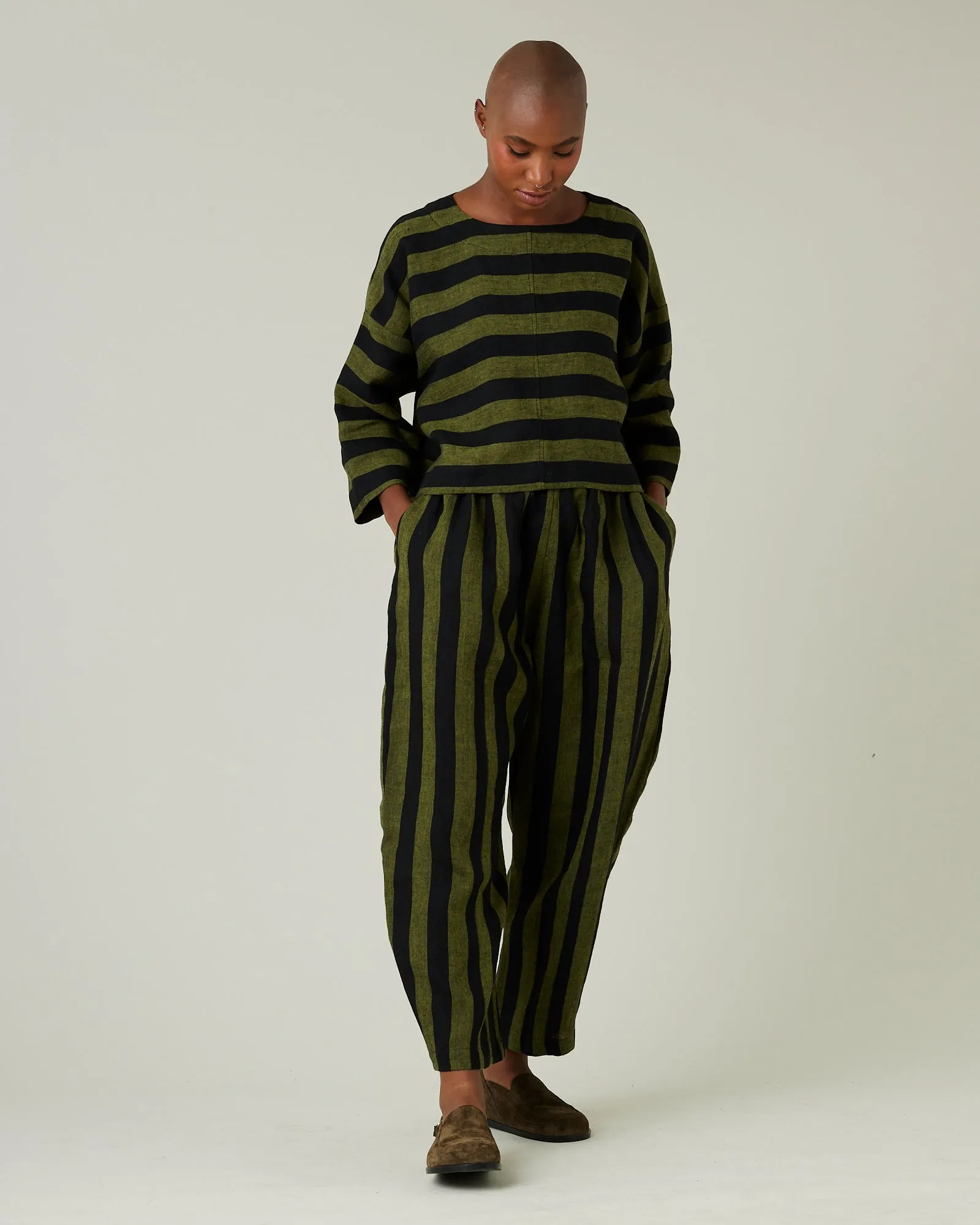Lily Black & Olive Stripe Linen Top
