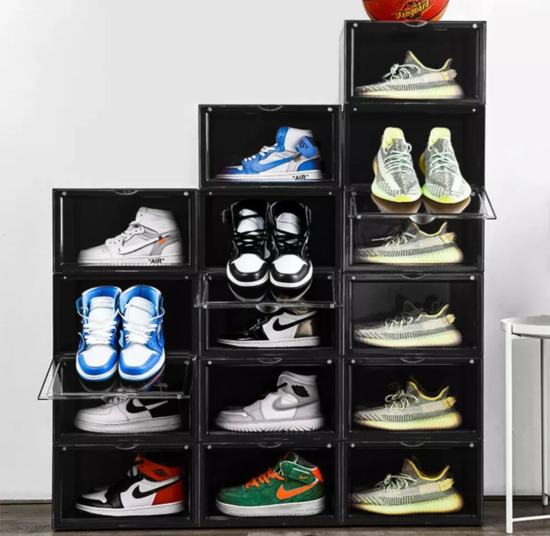 Magnetic Shoe Storage Box Drop Side/Front Sneaker Case Stackable Container XL - Obsidian Black
