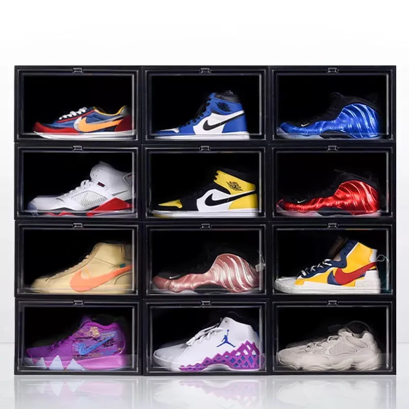 Magnetic Shoe Storage Box Drop Side/Front Sneaker Case Stackable Container XL - Obsidian Black