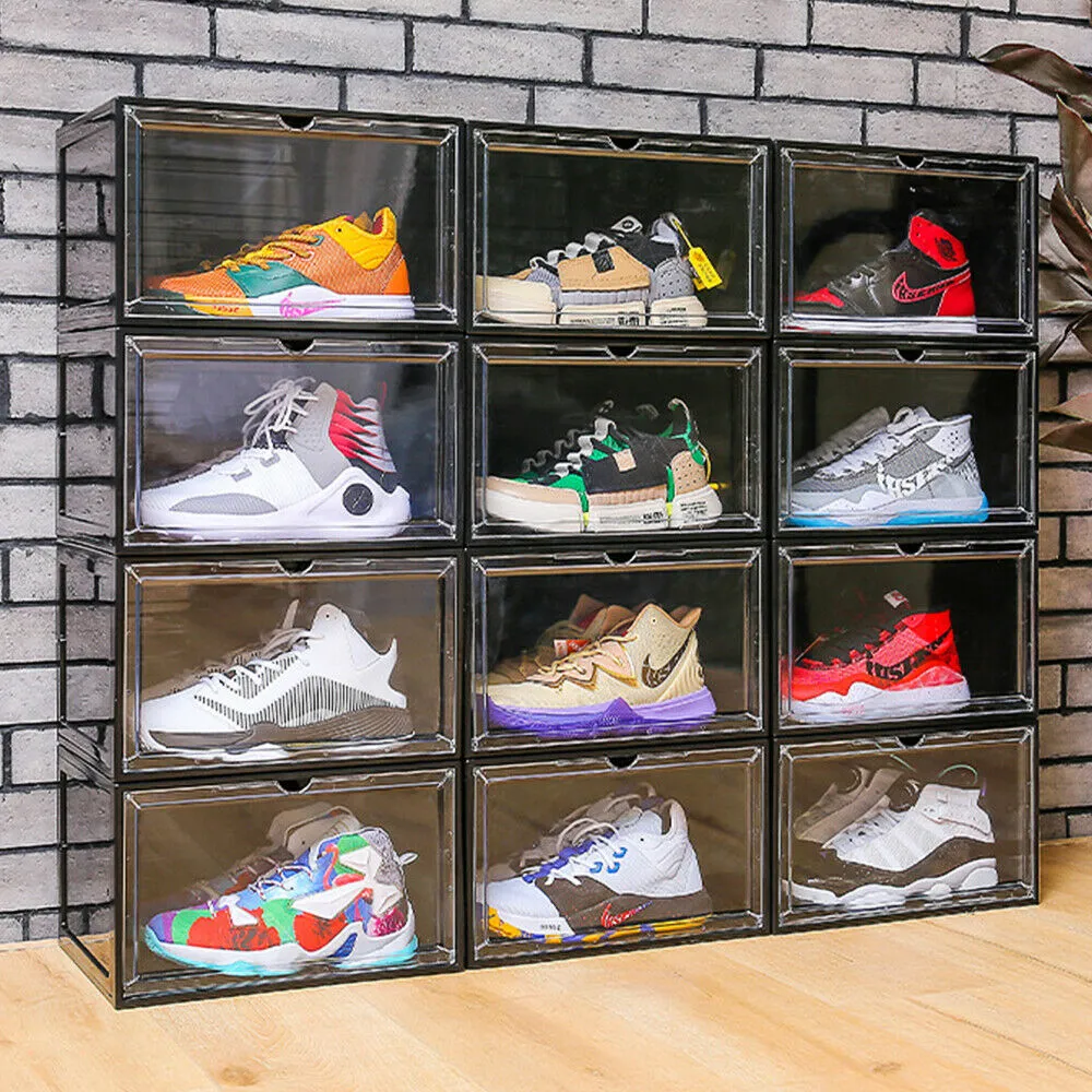 Magnetic Shoe Storage Box Drop Side/Front Sneaker Case Stackable Container XL - Obsidian Black