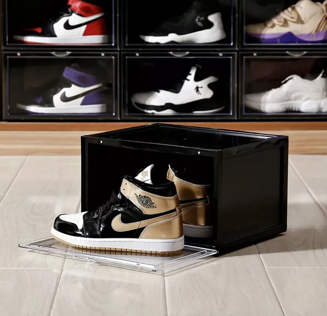 Magnetic Shoe Storage Box Drop Side/Front Sneaker Case Stackable Container XL - Obsidian Black