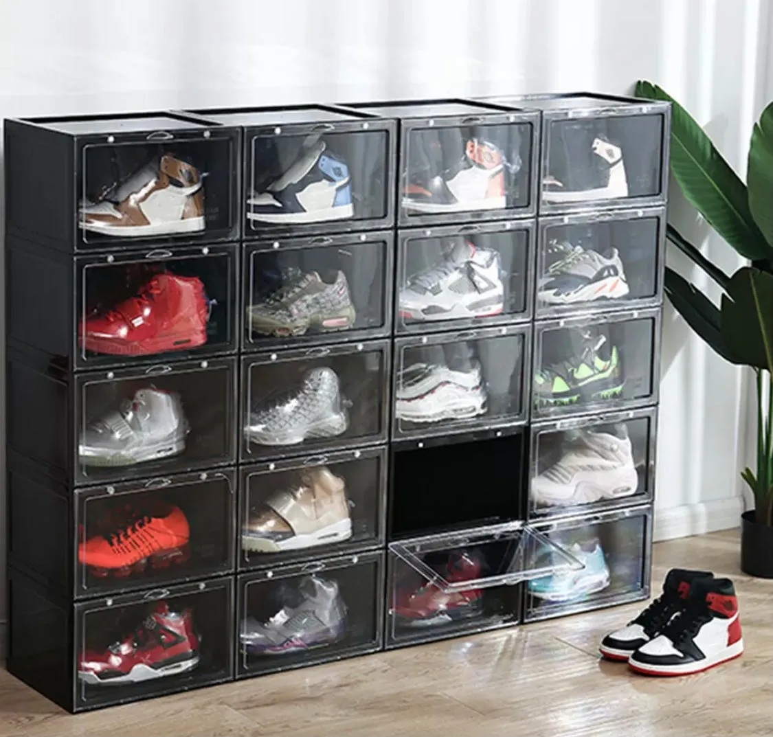 Magnetic Shoe Storage Box Drop Side/Front Sneaker Case Stackable Container XL - Obsidian Black