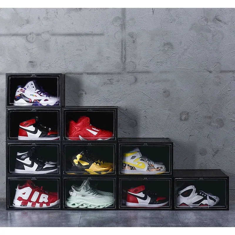 Magnetic Shoe Storage Box Drop Side/Front Sneaker Case Stackable Container XL - Obsidian Black