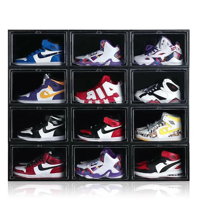Magnetic Shoe Storage Box Drop Side/Front Sneaker Case Stackable Container XL - Obsidian Black