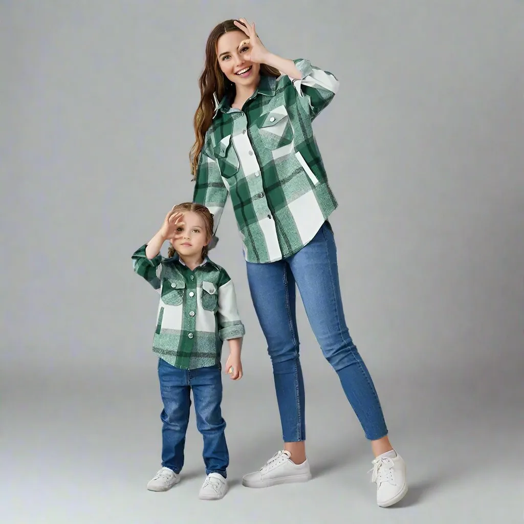 Matching Mommy & Me Plaid Flannel Shirts Cozy Button-Up Jackets for Fall