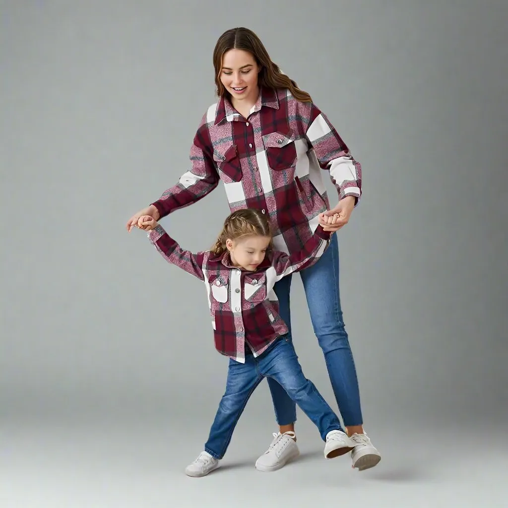 Matching Mommy & Me Plaid Flannel Shirts Cozy Button-Up Jackets for Fall