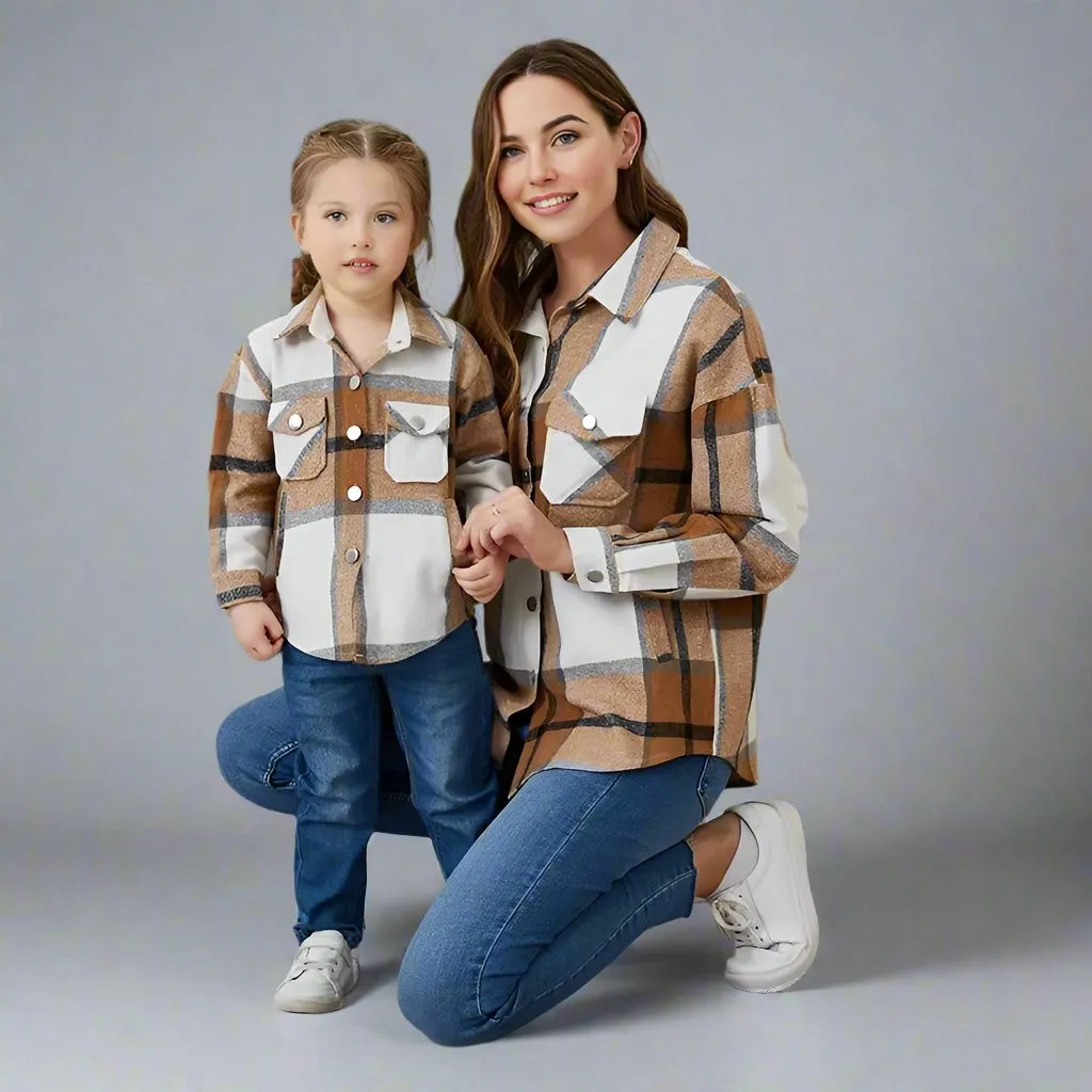 Matching Mommy & Me Plaid Flannel Shirts Cozy Button-Up Jackets for Fall