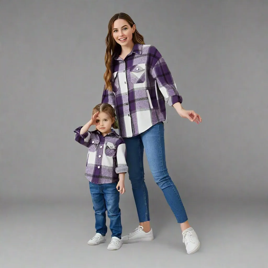 Matching Mommy & Me Plaid Flannel Shirts Cozy Button-Up Jackets for Fall