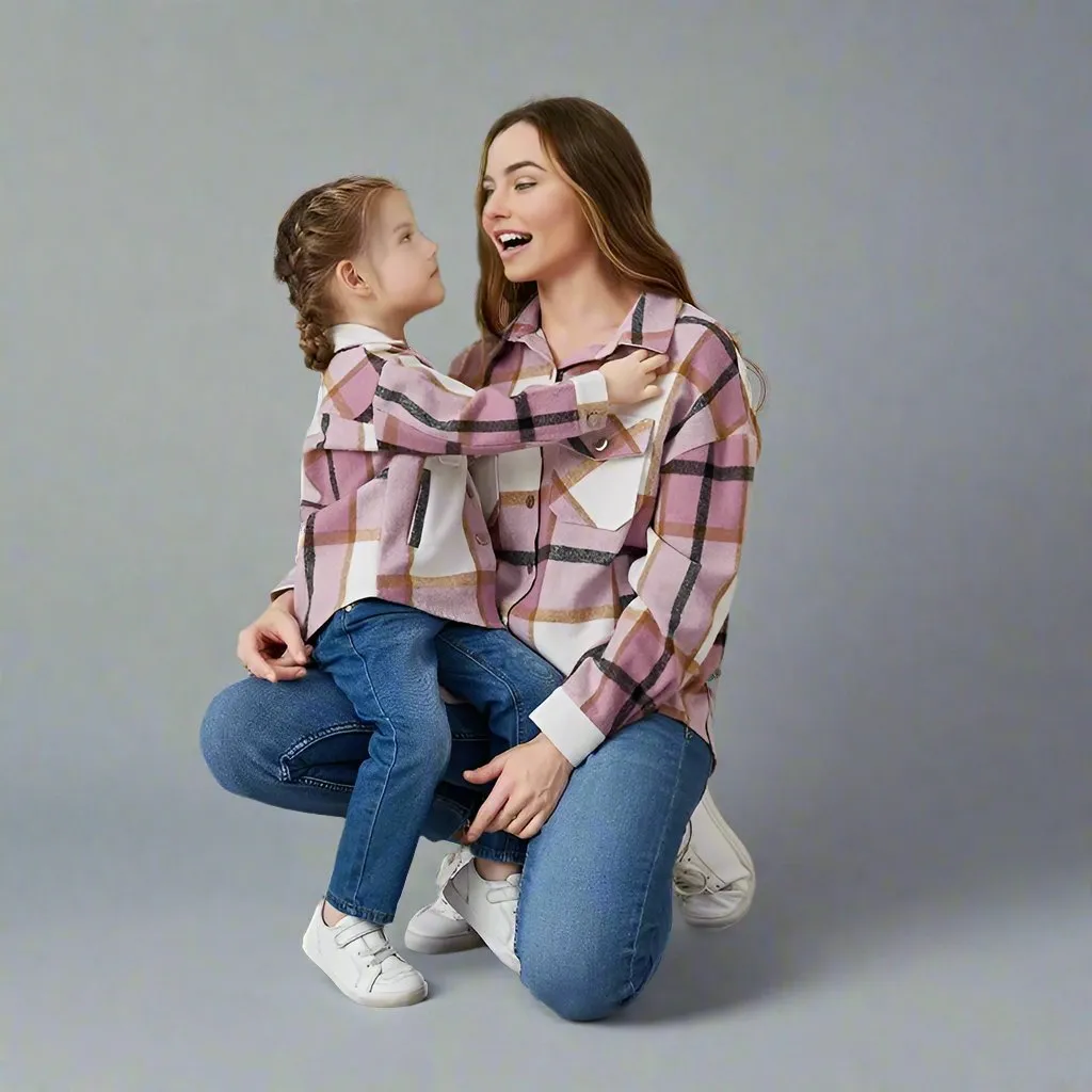 Matching Mommy & Me Plaid Flannel Shirts Cozy Button-Up Jackets for Fall