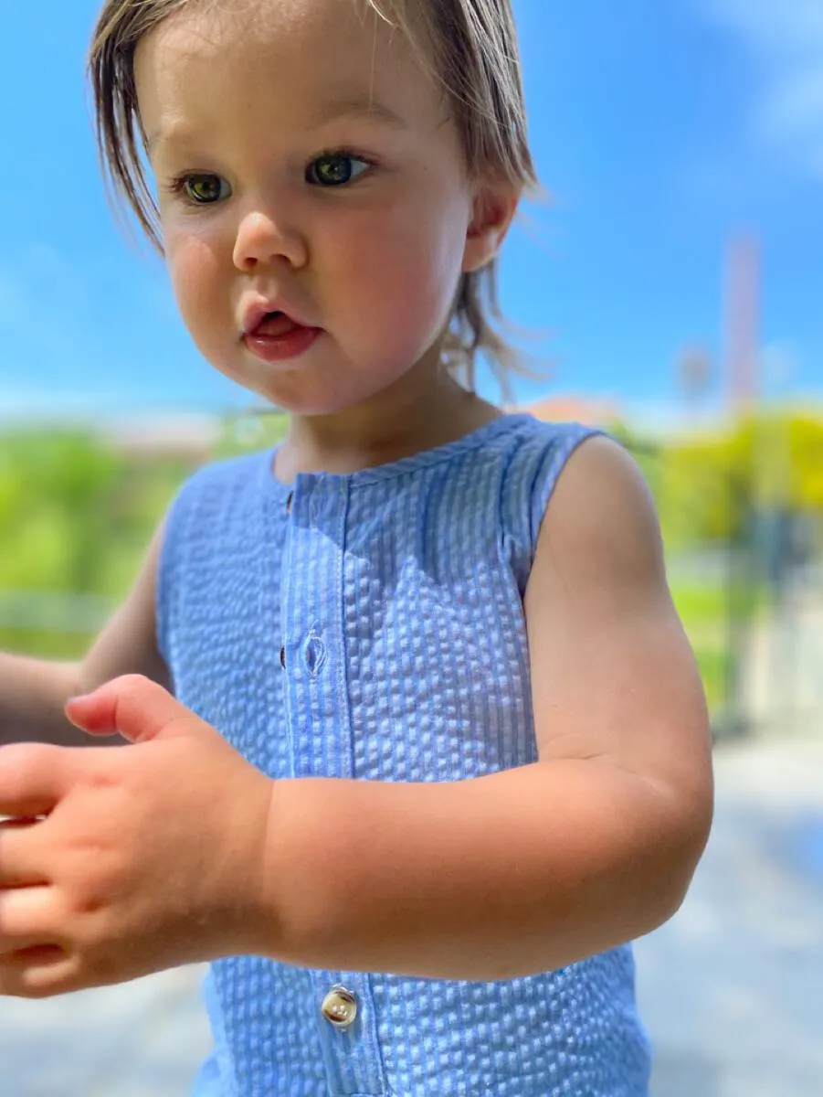 Me & Henry Gossan Playsuit in Cobalt Seersucker
