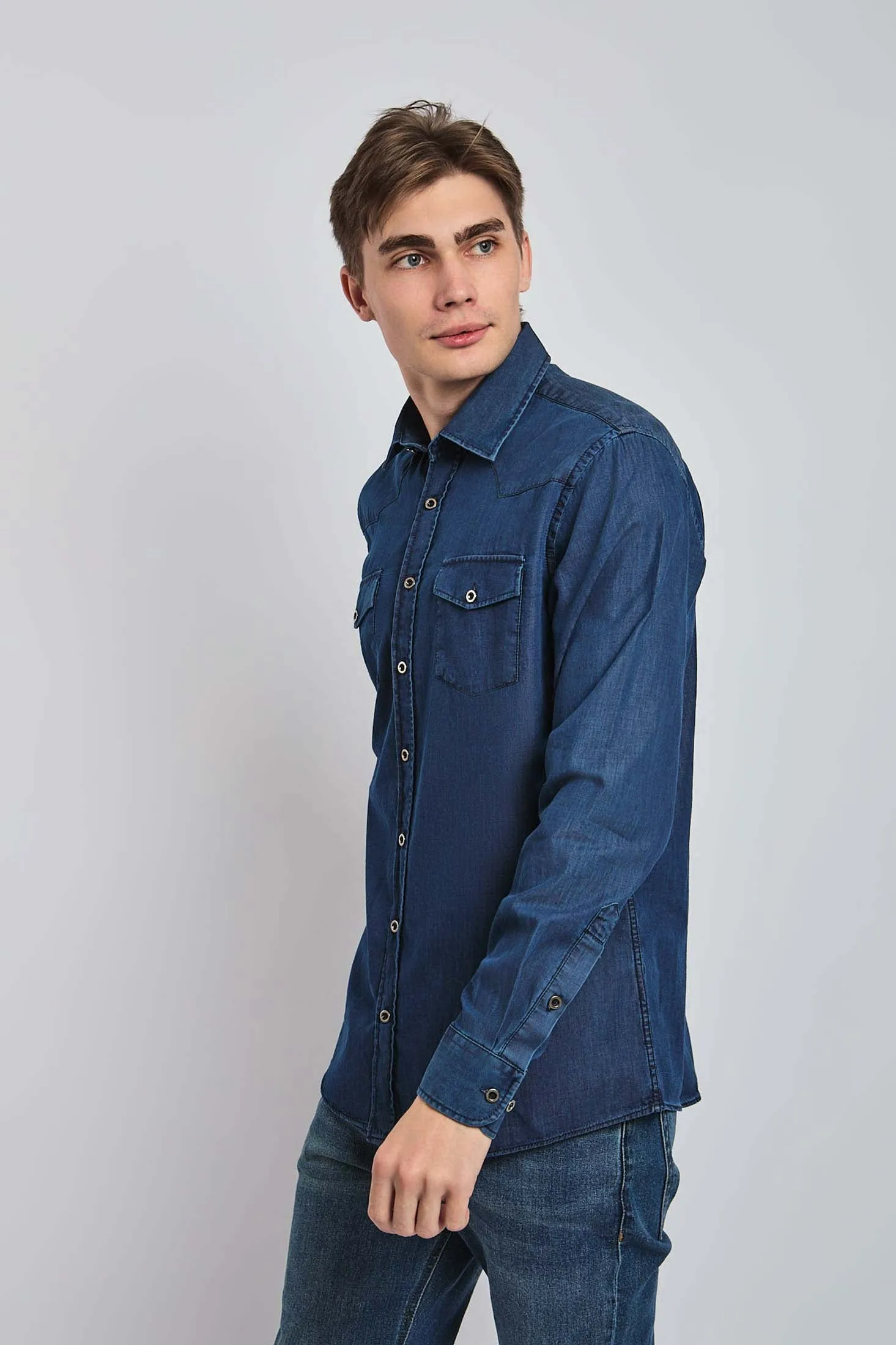Men Shirt Cotton Denim Western Blue