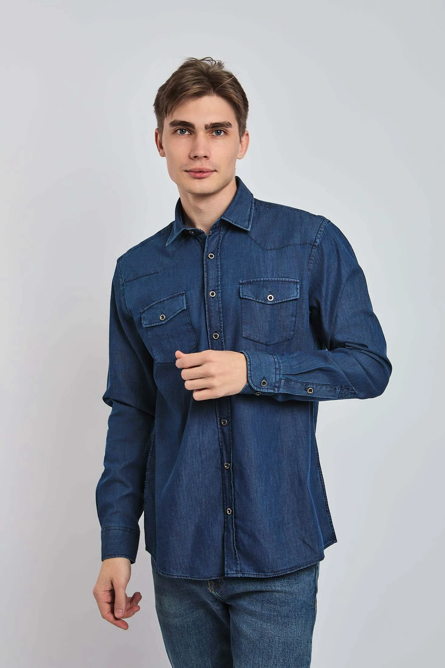 Men Shirt Cotton Denim Western Blue