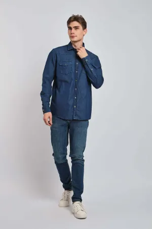 Men Shirt Cotton Denim Western Blue