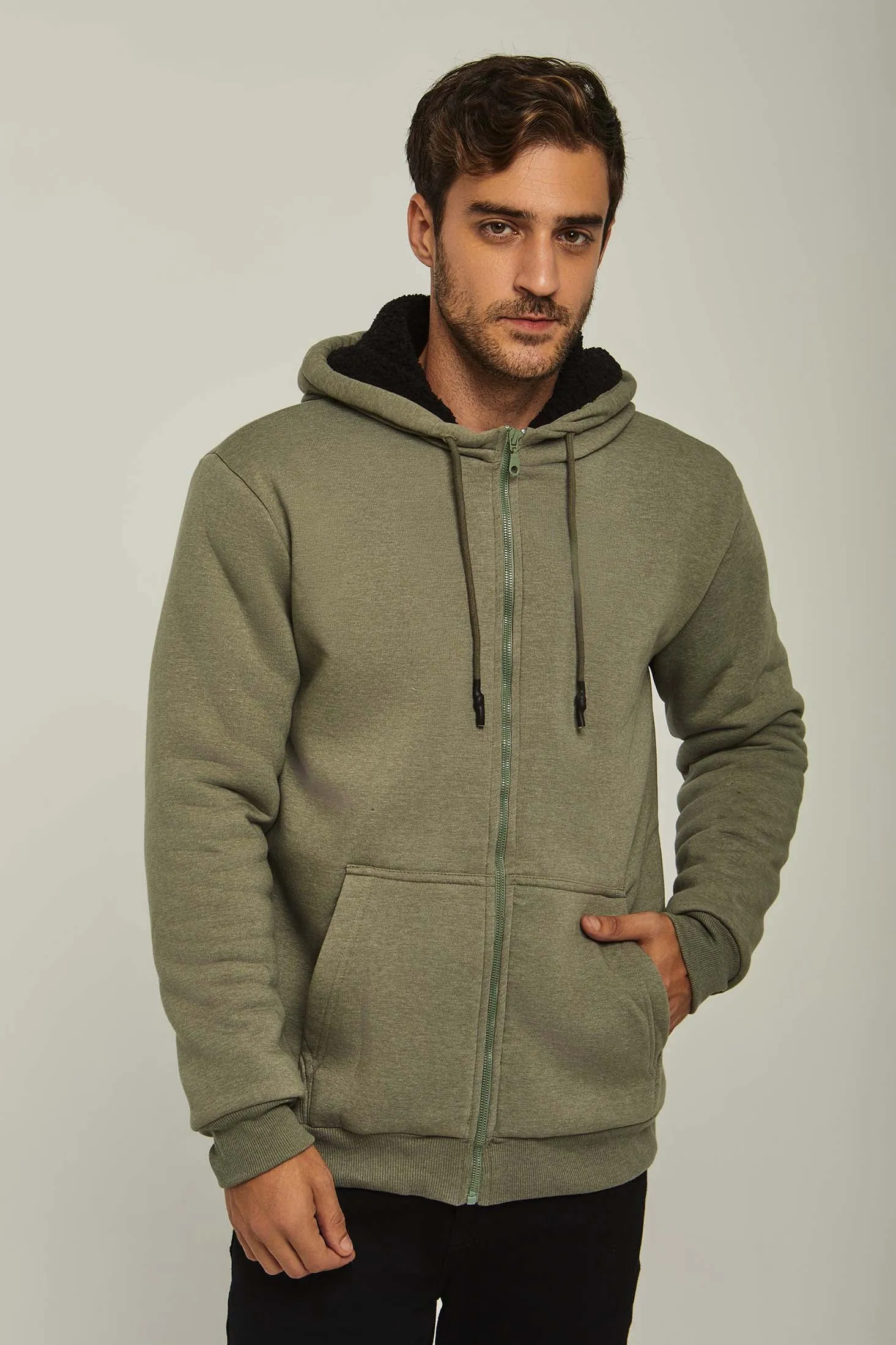 Men Sweat Jacket  Sherpa Lined Green