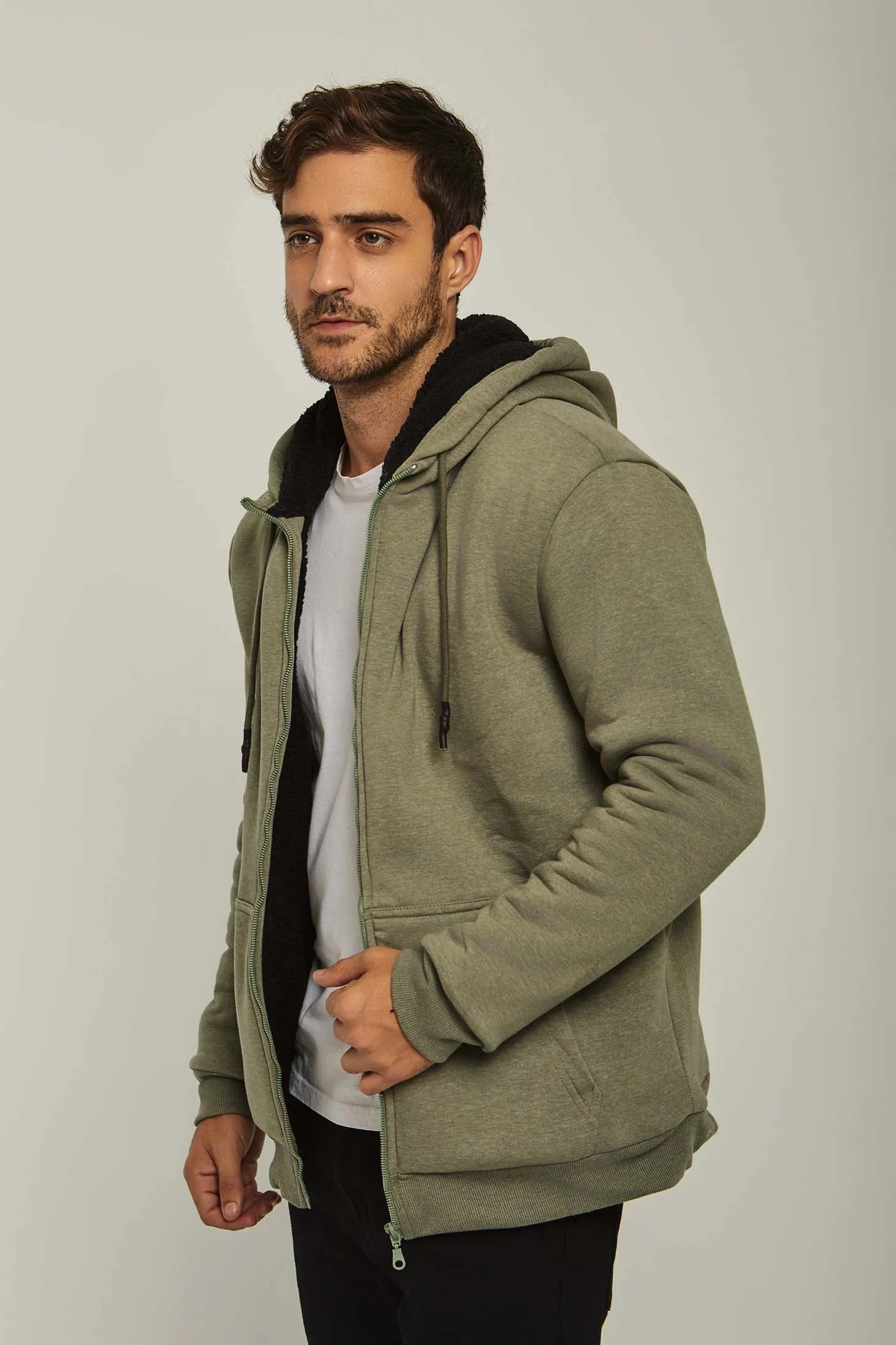 Men Sweat Jacket  Sherpa Lined Green