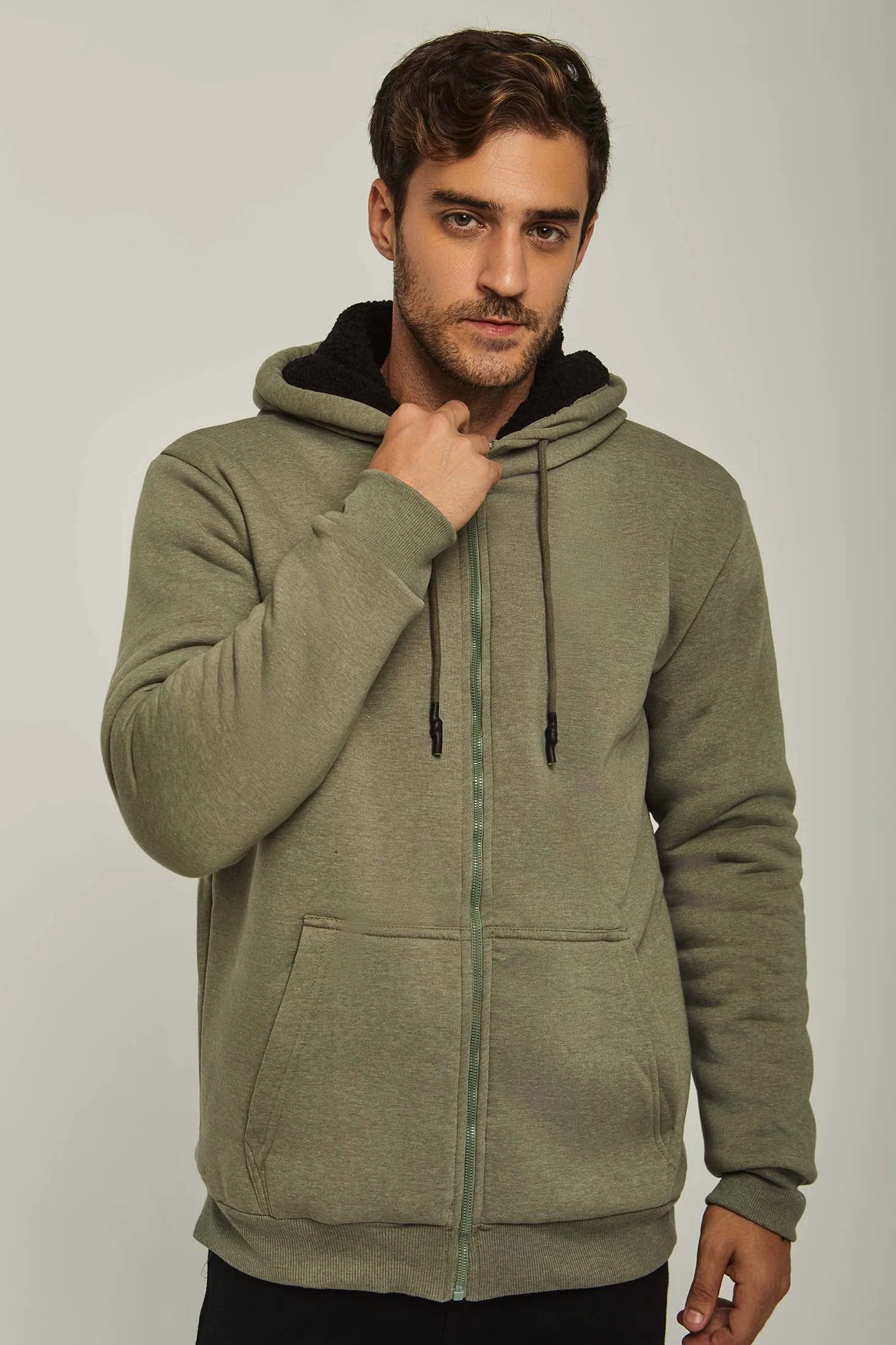 Men Sweat Jacket  Sherpa Lined Green