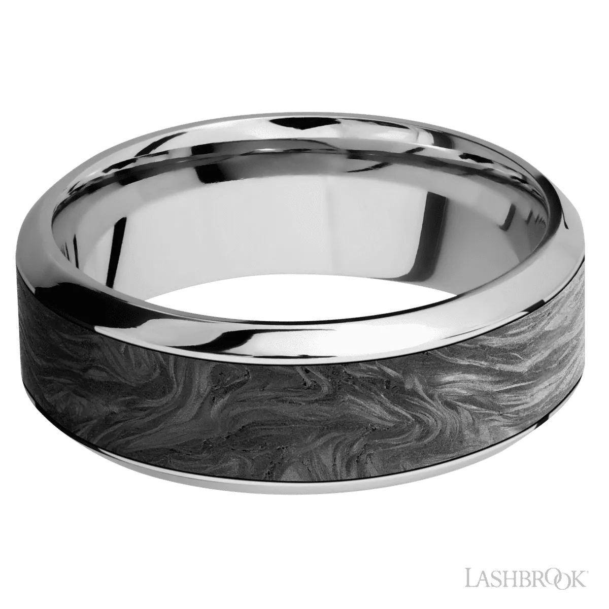 Men's 8MM High Beveled Cobalt Chrome Wedding Ring With Polish Finish and Forged Carbon Fiber Inlay