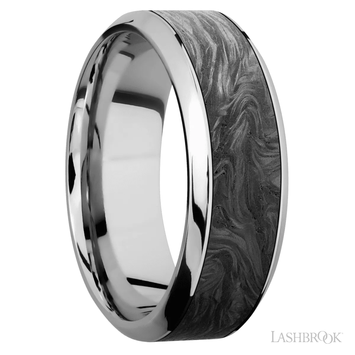 Men's 8MM High Beveled Cobalt Chrome Wedding Ring With Polish Finish and Forged Carbon Fiber Inlay
