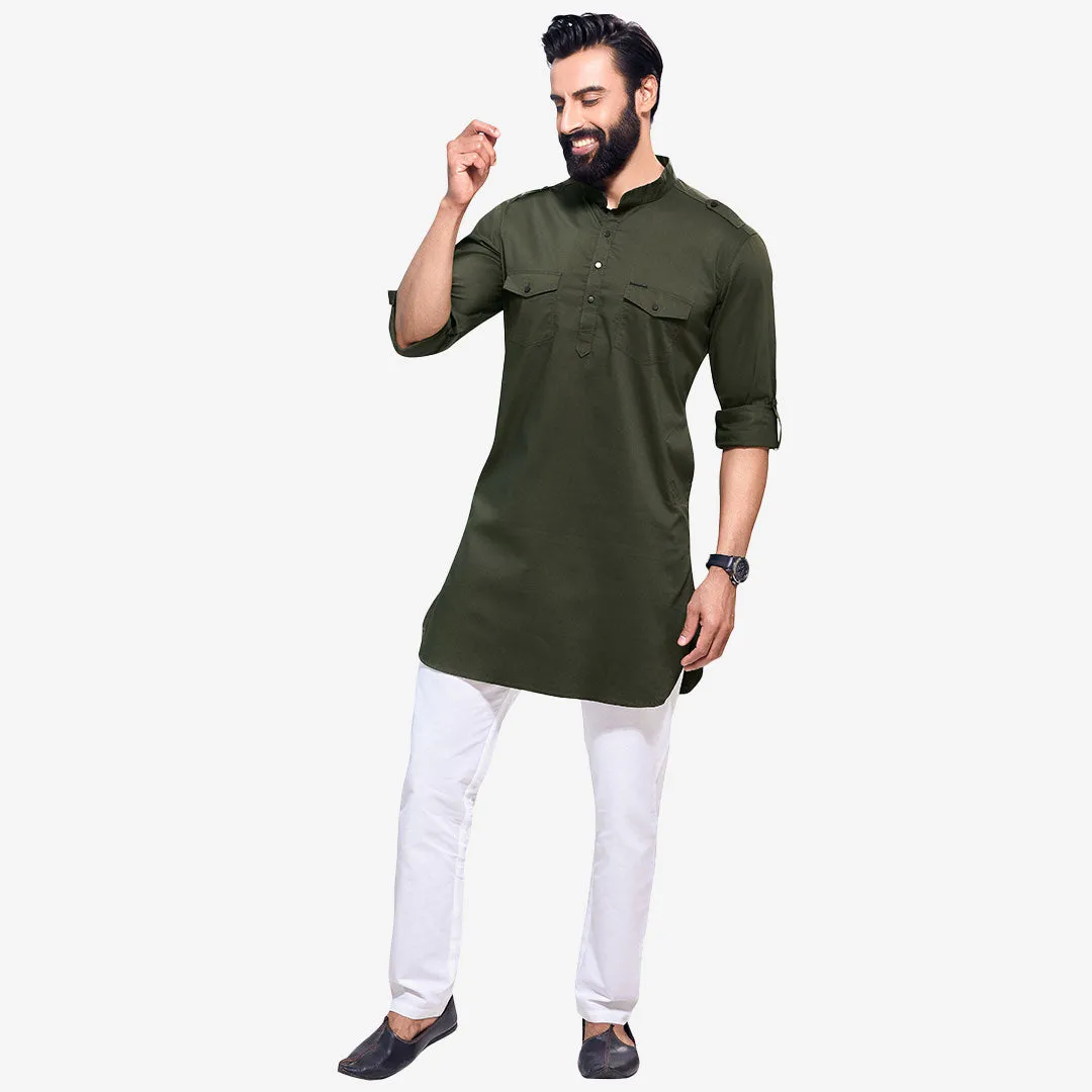 Men's  Bottle Green Solid  Blend Kurta