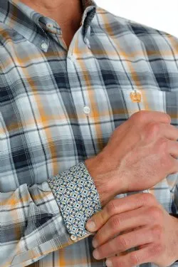 Men's Cinch PLAID BUTTON-DOWN WESTERN SHIRT - LIGHT BLUE / NAVY / ORANGE