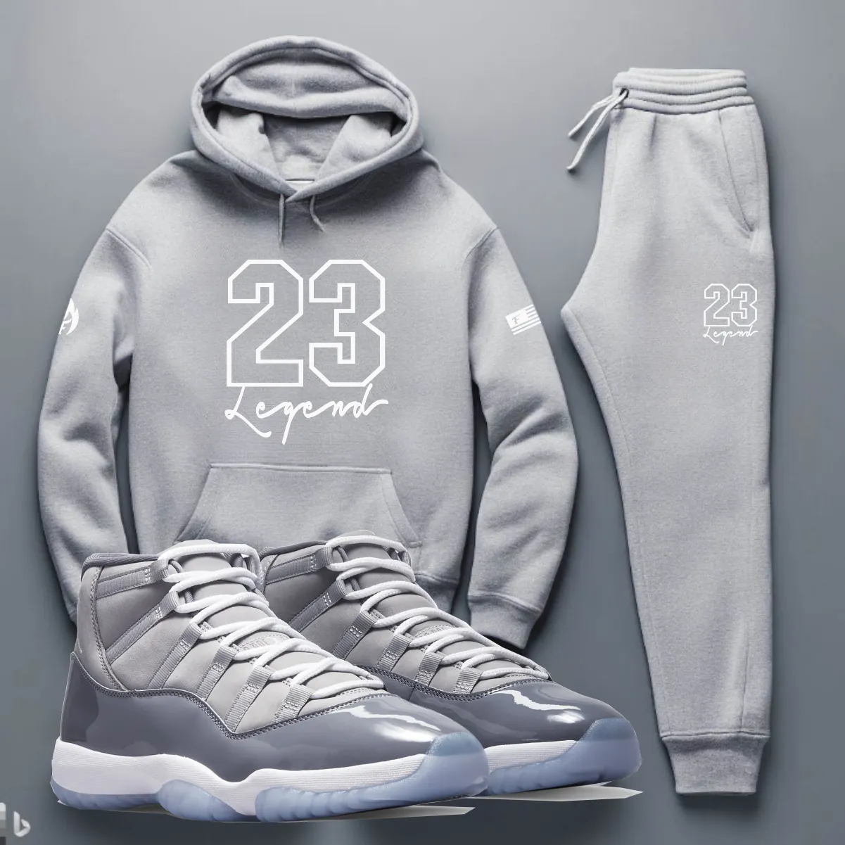 Men's Gray 23 Legend Sneaker Sweatsuit To Match Air Jordan Retro 11 Cool Grey Sneaker Hoodie Joggers Set