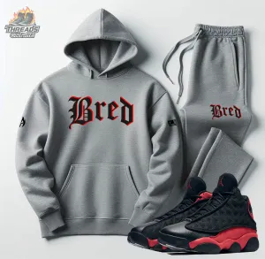Men's Grey Hoodie & Joggers 'Bred' Sweatsuit To Match Air Jordan 13 Bred Sneaker-Matching Tracksuit