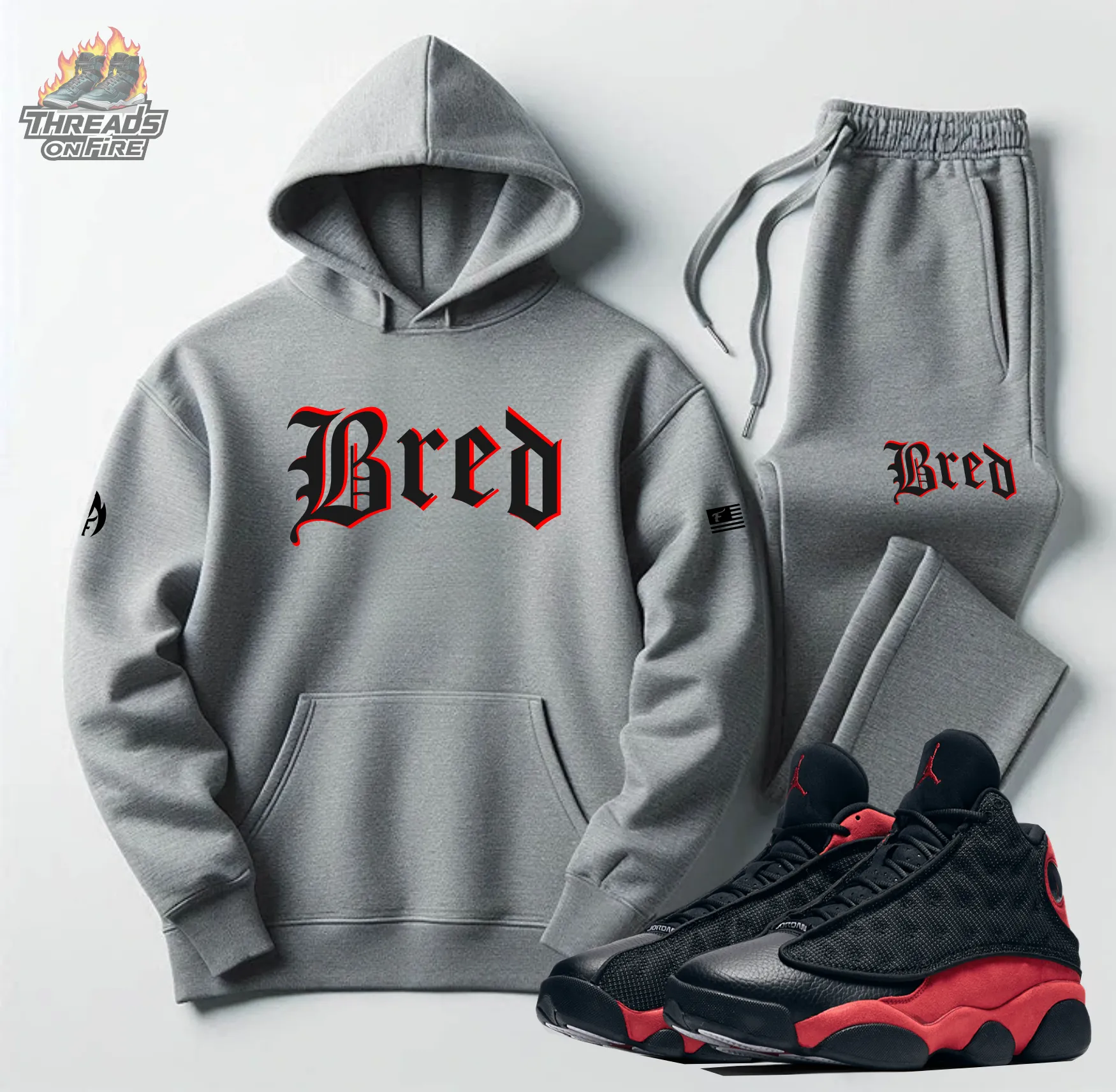 Men's Grey Hoodie & Joggers 'Bred' Sweatsuit To Match Air Jordan 13 Bred Sneaker-Matching Tracksuit