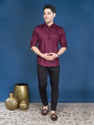 Men's Solid Wine Colour Casual Silk Short Kurta