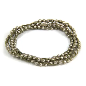 Mens Triple Wrap Olive Waxed Linen on Silver Ball Chain Bracelet