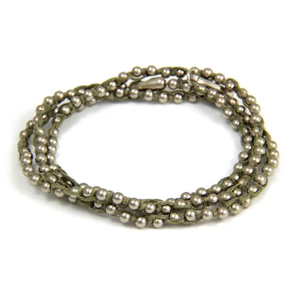 Mens Triple Wrap Olive Waxed Linen on Silver Ball Chain Bracelet