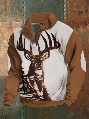 Men's Western Elk Print Stand Collar Button Down Men's Sweatshirt