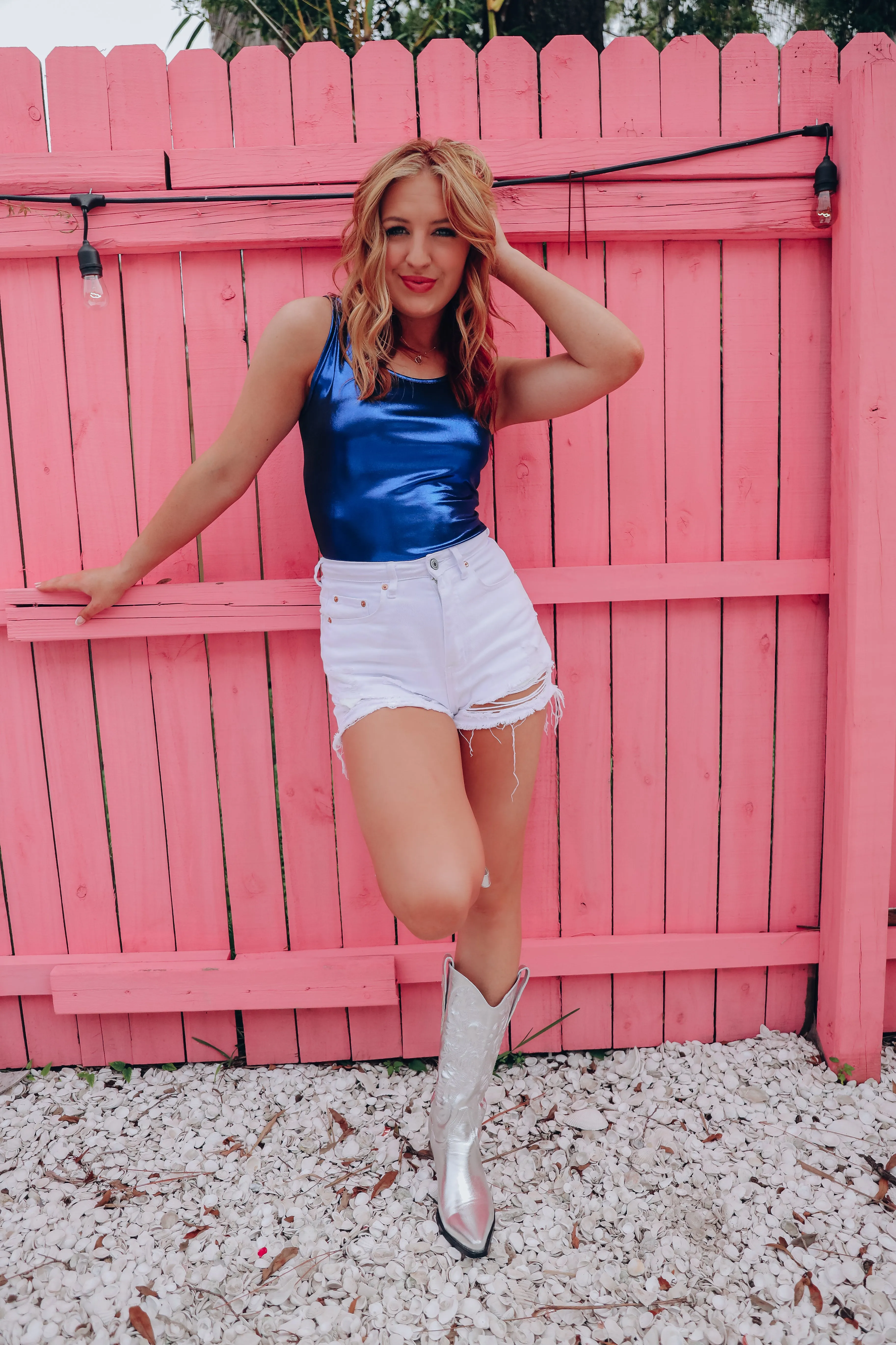 Metallic Sheen Sleeveless Bodysuit - Blue