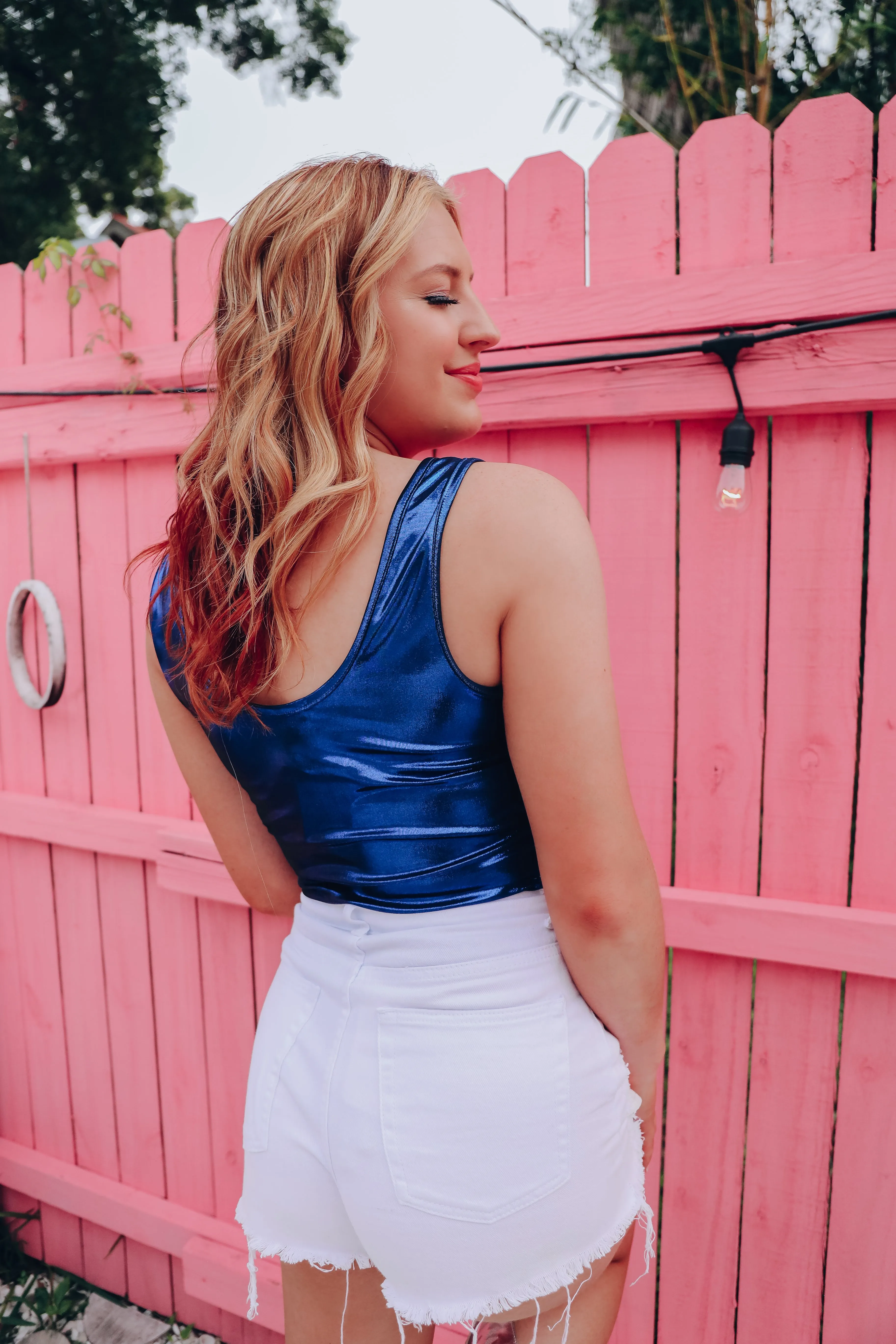 Metallic Sheen Sleeveless Bodysuit - Blue