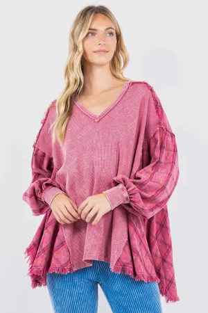Mineral Wash J.Her Pullover with Plaid Flannel: Wine