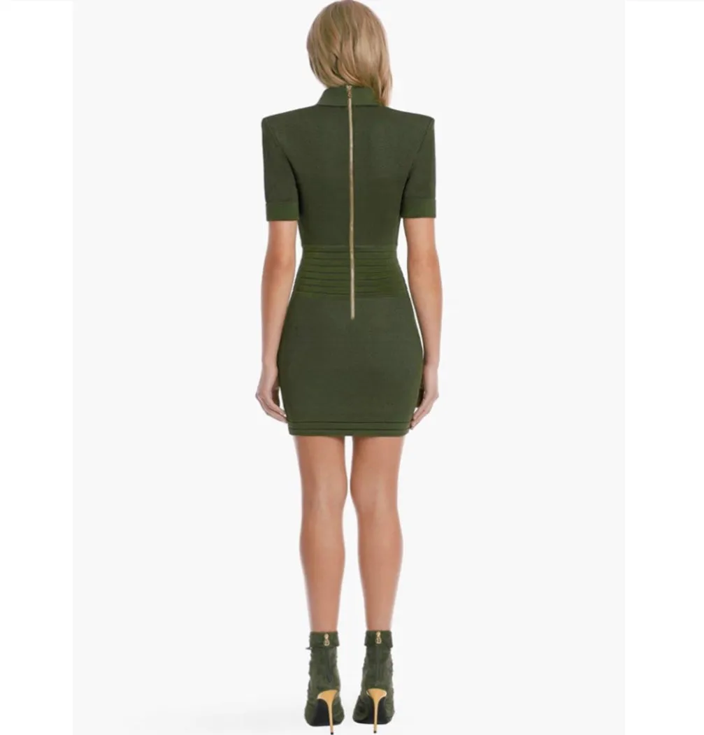 Olive Green Gold Buttons Dress
