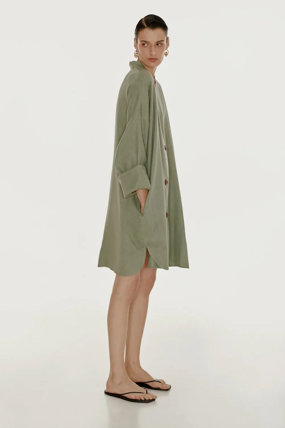 Olive oversized linen shirt dress
