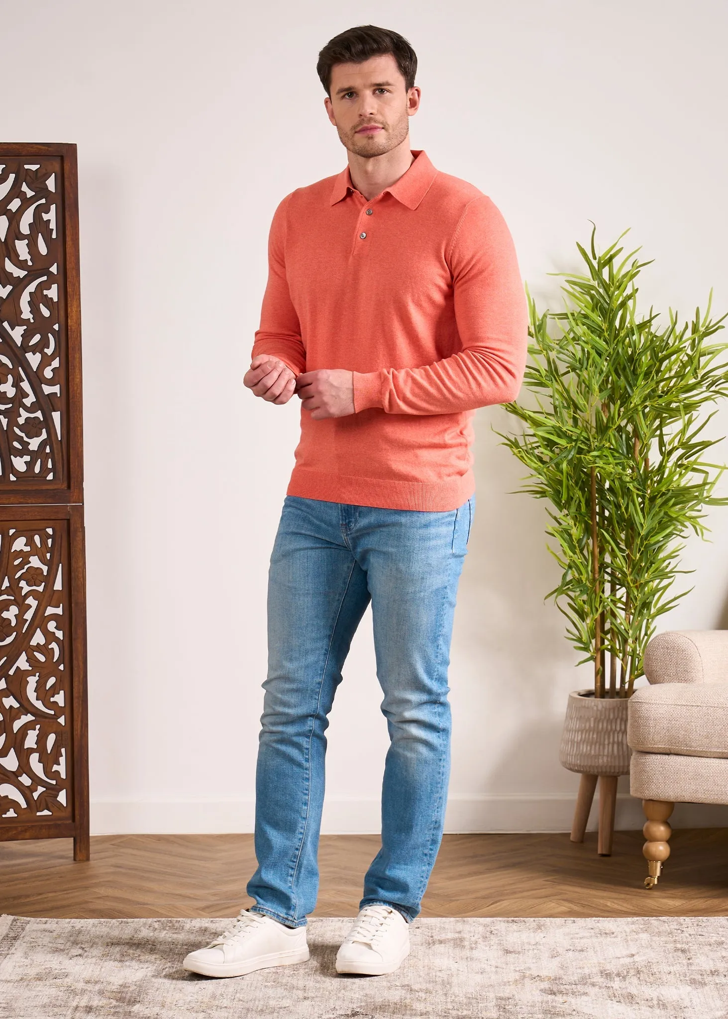 Pentlow Luxury Cotton Long Sleeve Polo Shirt In Coral