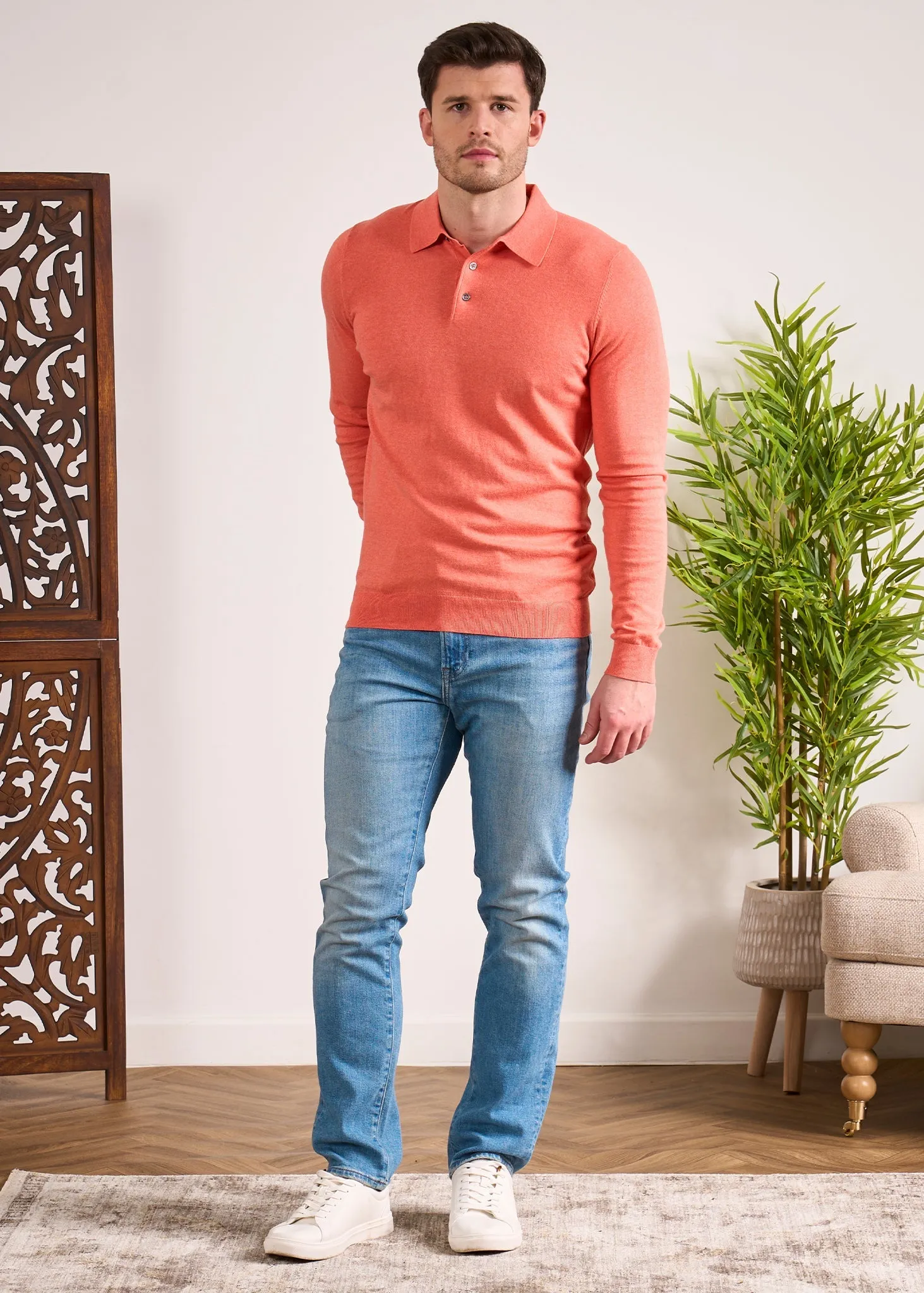 Pentlow Luxury Cotton Long Sleeve Polo Shirt In Coral