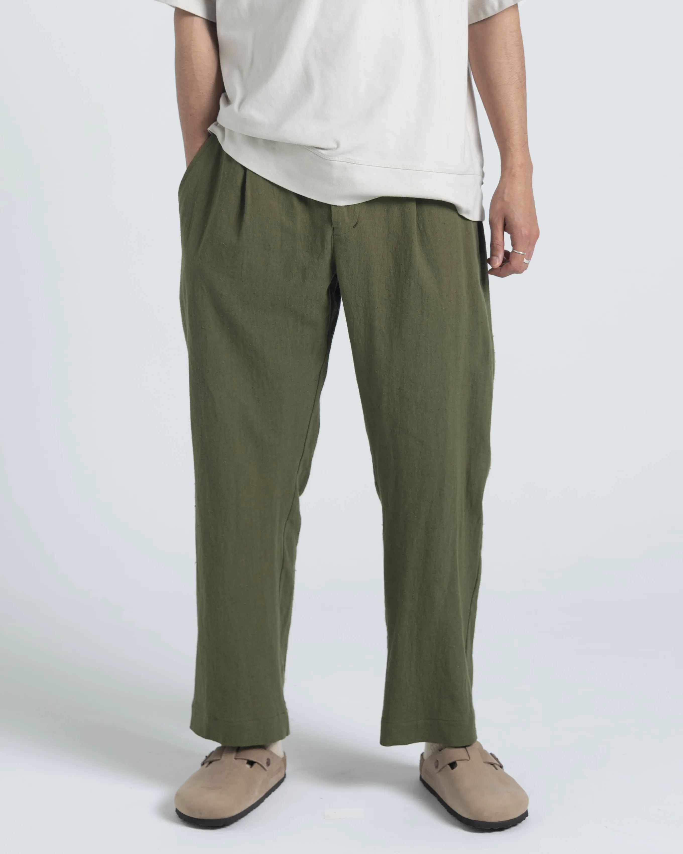 Pleated Trouser - Olive Linen / Cotton