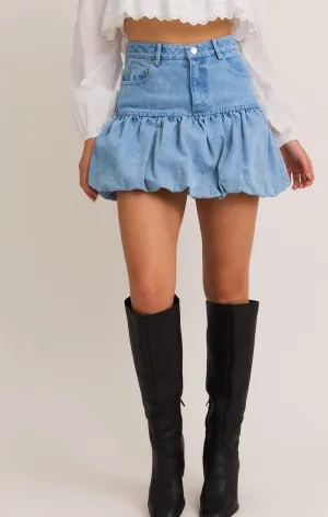 Puff Hem Denim Mini Skirt