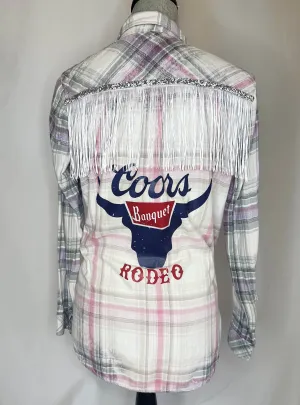 "Coors Rodeo" Womens White Fringe Flannel