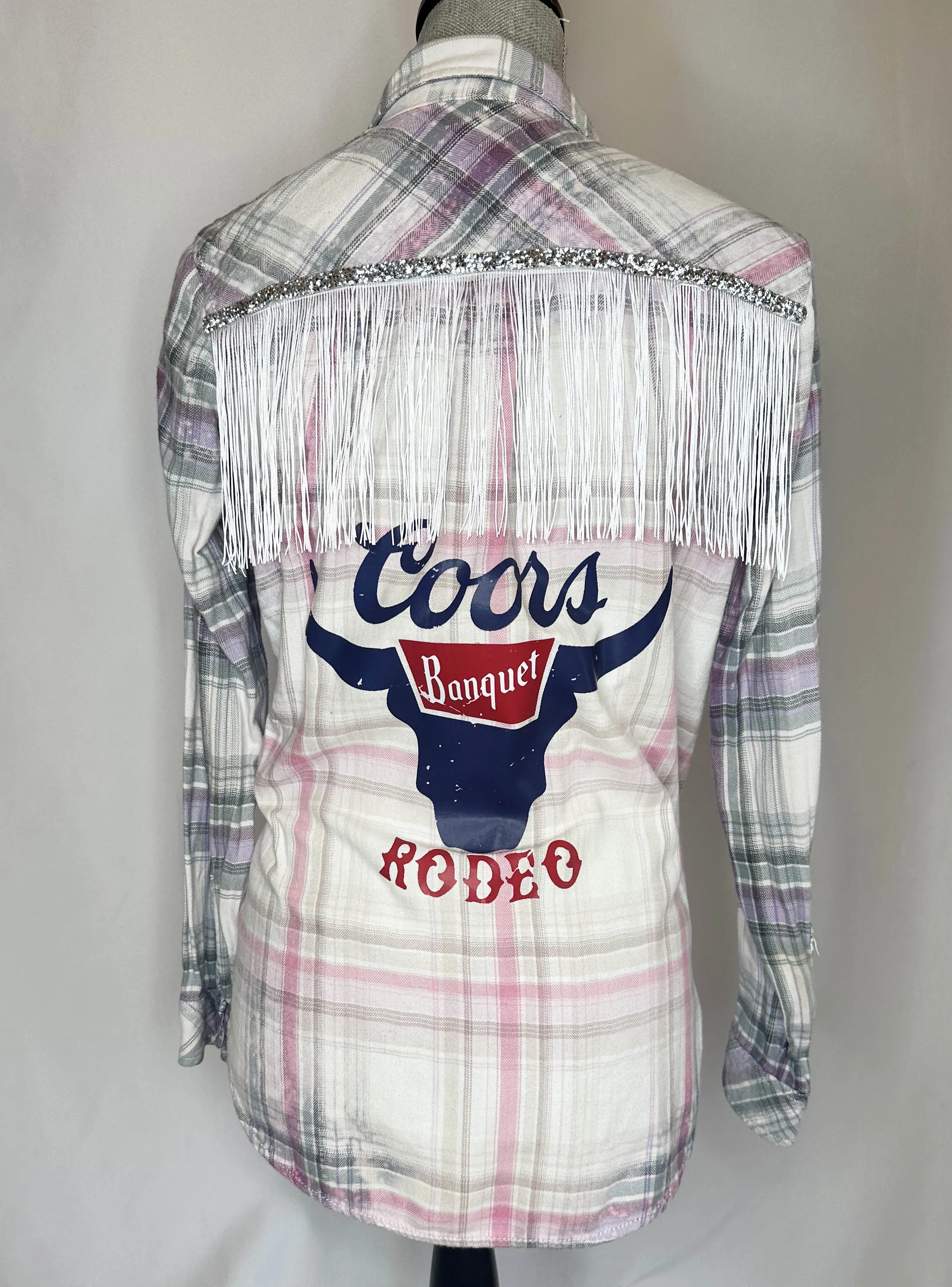 "Coors Rodeo" Womens White Fringe Flannel