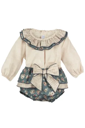 "Olive" Linen & Teal Floral Blouse & Bloomers