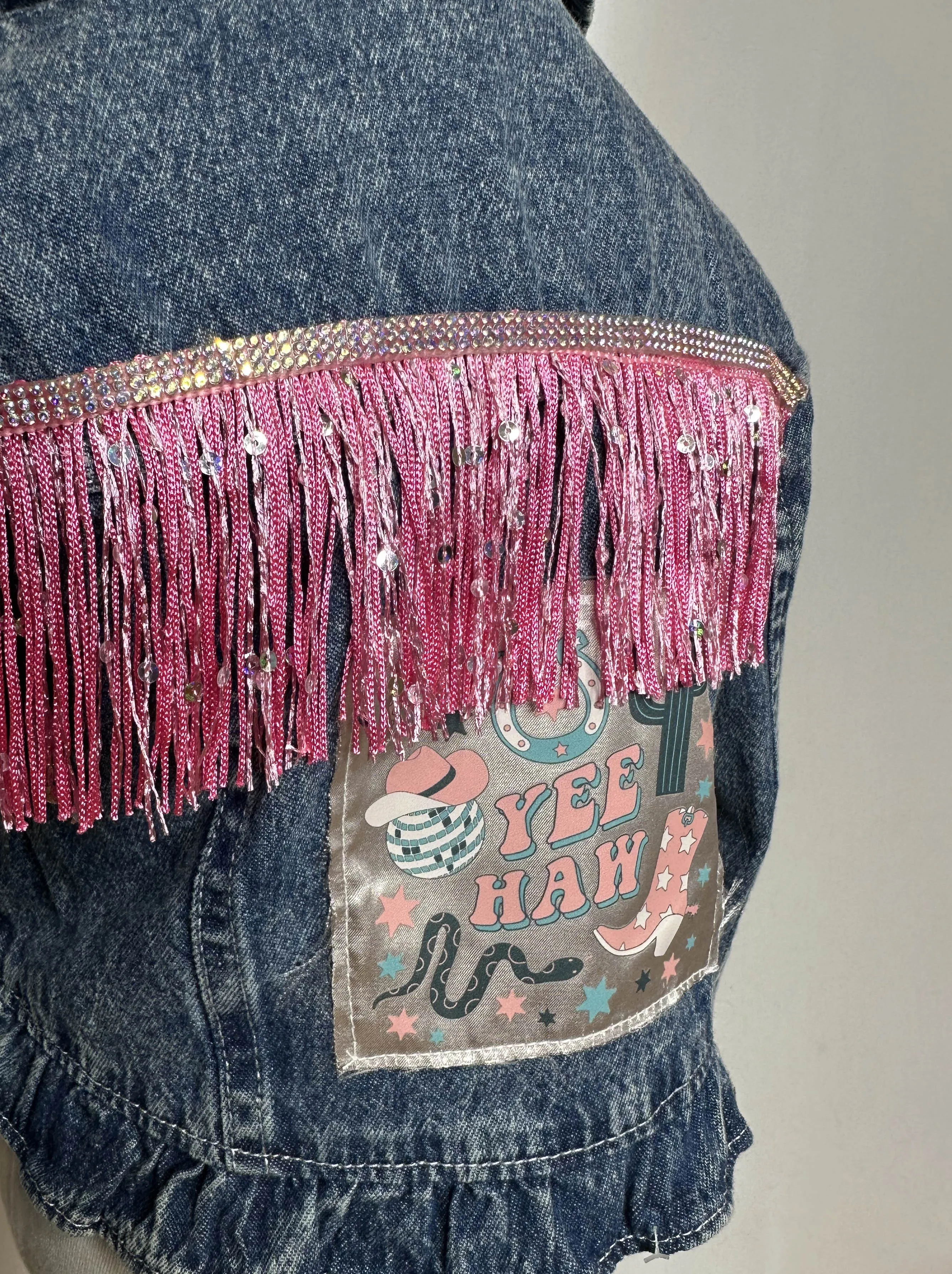 "Yee Haw" Pink Fringe Kids Denim Jacket