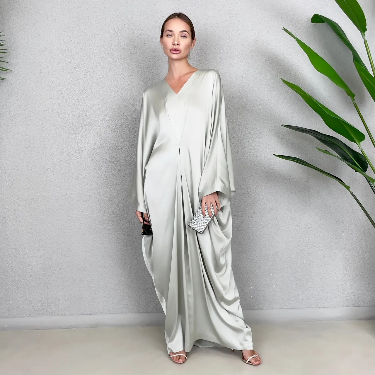 RAM23 JAMILA SAGE GREEN SILK SATIN KAFTAN