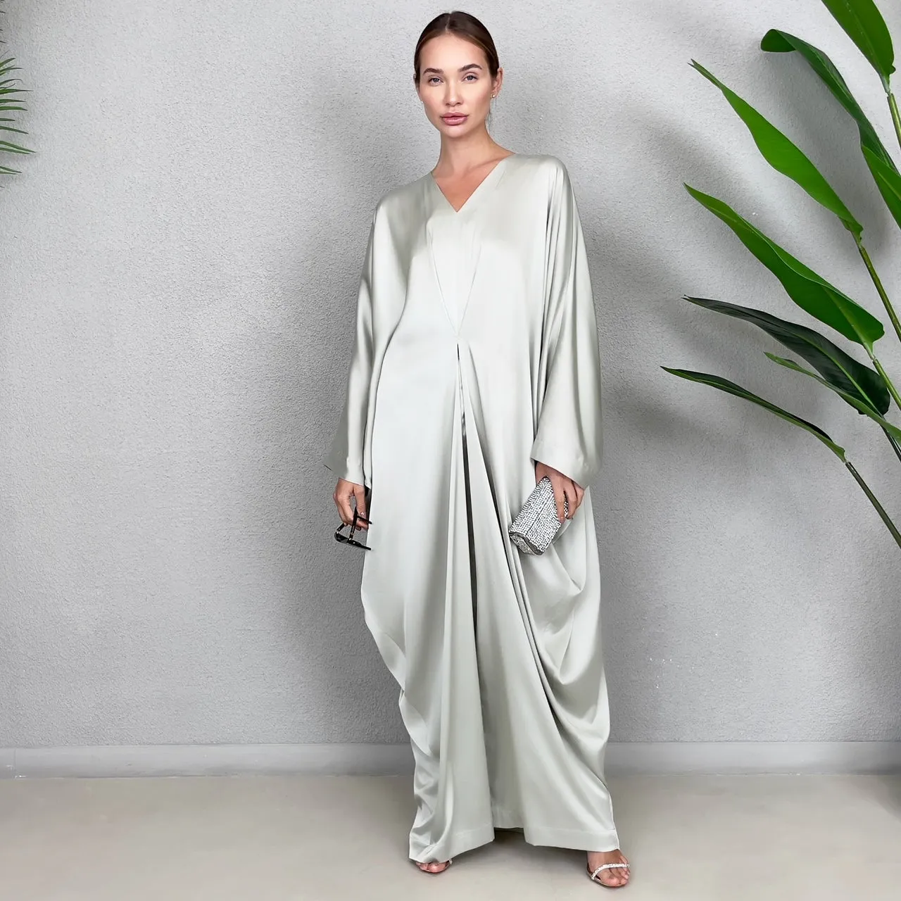 RAM23 JAMILA SAGE GREEN SILK SATIN KAFTAN
